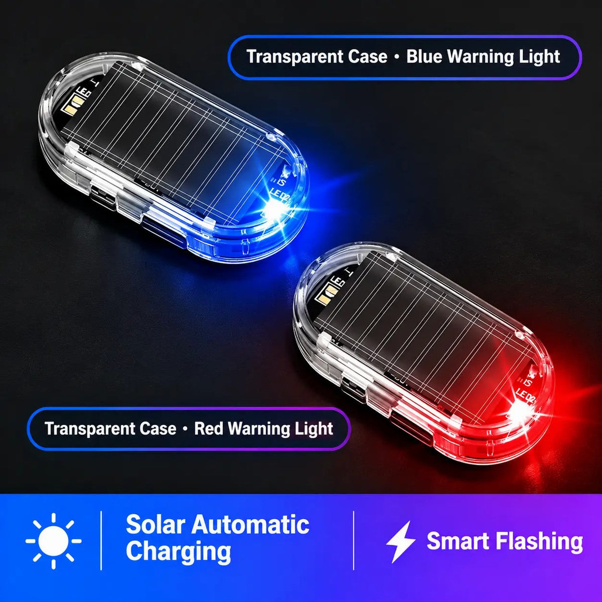 2PCS Solar Powered Fake Car Alarm Light, Auto Light Sensor LED Simulated Security Warning Lightđ¨