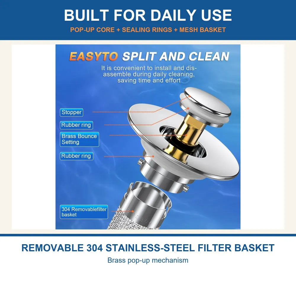 Universal Pop-Up Sink Drain Stopper with Stainless Steel Mesh Basket