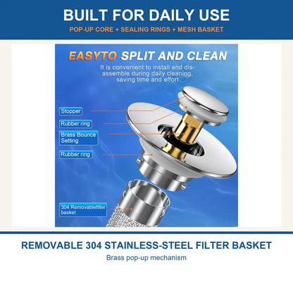 Universal Pop-Up Sink Drain Stopper with Stainless Steel Mesh Basket