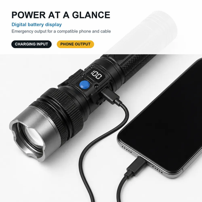 Rechargeable Zoom Flashlight with Digital Display & Power Bank