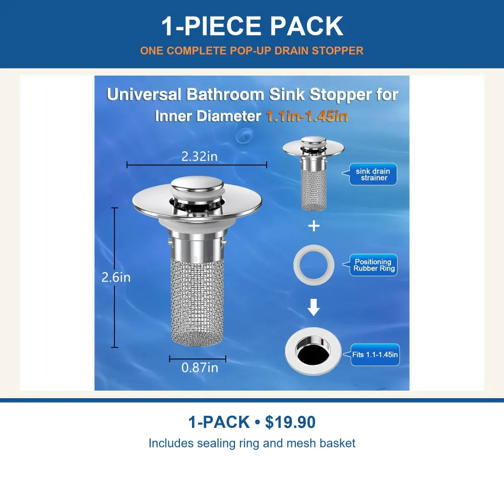 Universal Pop-Up Sink Drain Stopper with Stainless Steel Mesh Basket