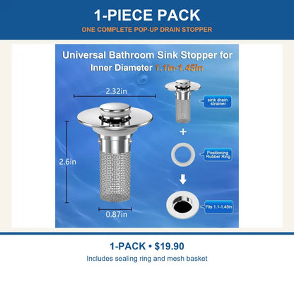 Universal Pop-Up Sink Drain Stopper with Stainless Steel Mesh Basket