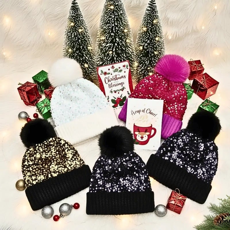 🔥Last Day 50% OFF - Winter Sparkly Sequin Pom Beanie