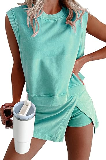 Womens Travel Outfits Summer Lounge Set Two Pieces Mineral Wash Cotton Tank Top Lined Split Athletic Skirt Set
